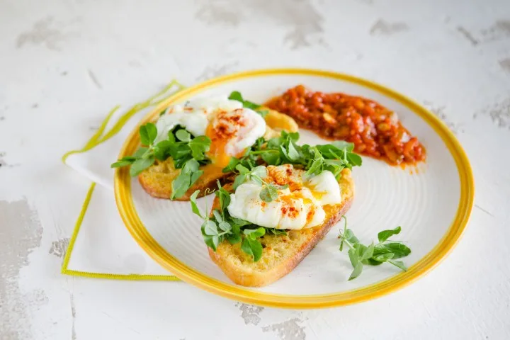 Poached Eggs with Zucchini in Adjika on Savory French Toast